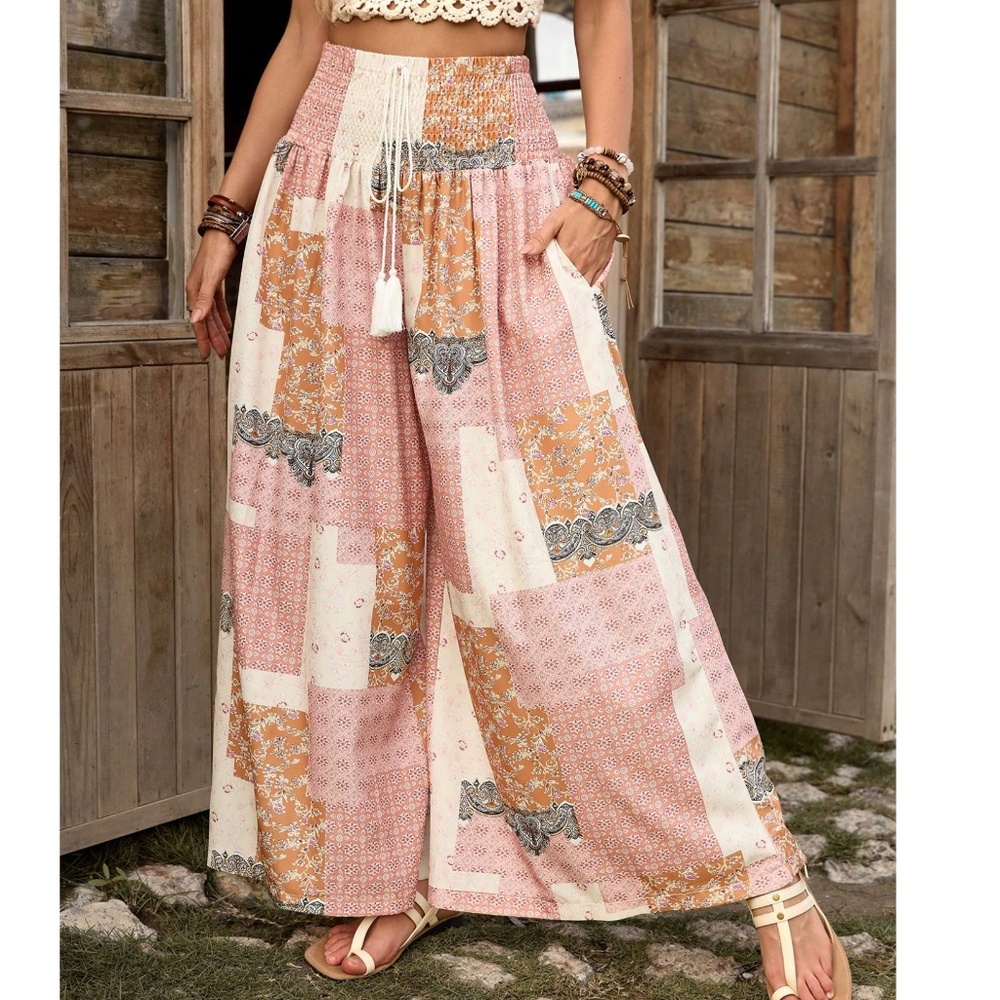 Boho Floral paisley Print Stretchy High Waisted Wide leg Pants